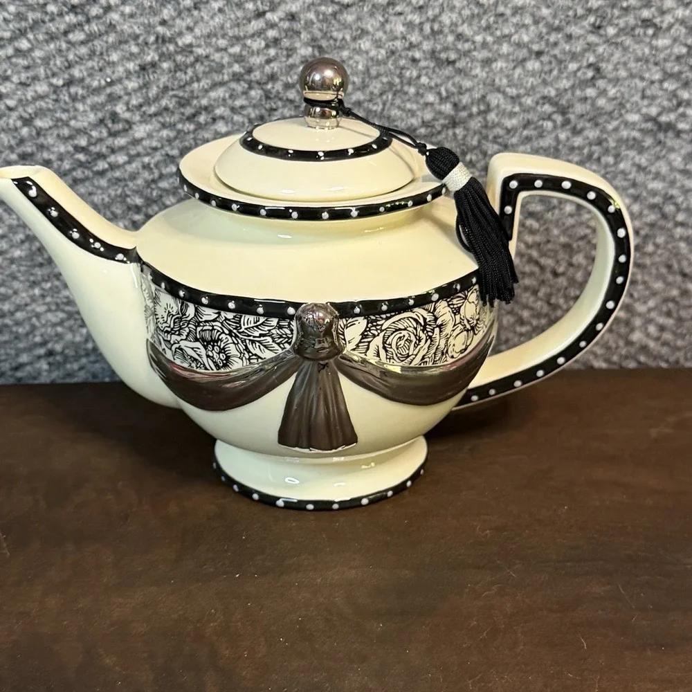 Vintage Mud Pie Paris Collection Cream & Black Toile & Floral Teapot